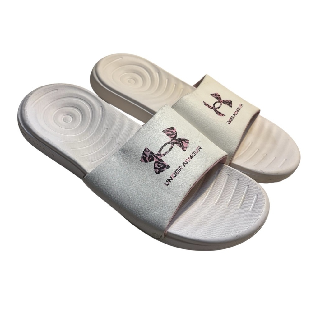 Under Armour Ana’s Slides Size 10 White Slide Sandals Pink Leopard Logo